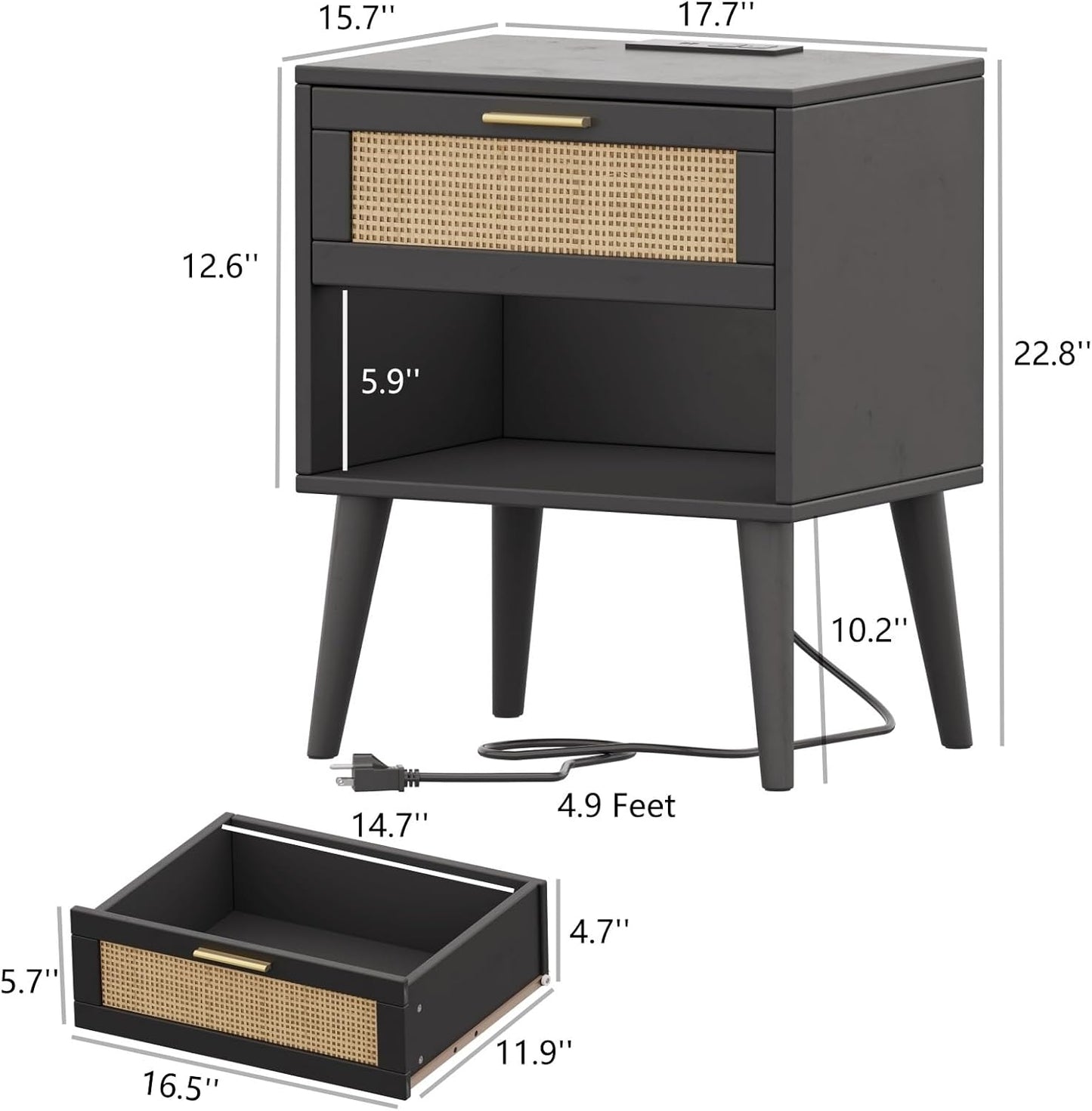 Irontar Nightstand Set of 2, Bedroom Night Stand with Charging Station & Rattan Drawer, Boho Style Bed Side Tables with Solid Legs, Accent End Table with Open Storage, Black and Natural BZZ007BME02