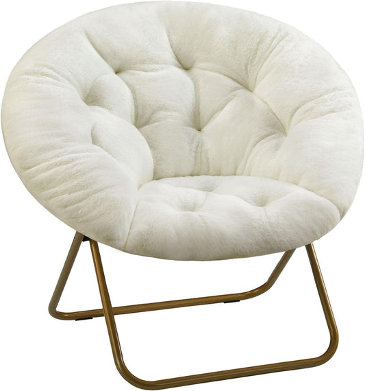 Saucer Chair Faux Fur with Soft and Thick Padded Seat Metal Frame, Modern Style Folding Cozy Chair for Living Room, Bedroom, XL, White