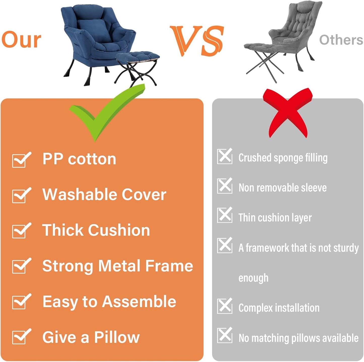 Lazy Chair with Ottoman, Reading Chair with a Pillow, Leisure Sofa Armchair with Ottoman, Large Accent Lounge Chair for Bedroom, Living Room, Dorm Room, Peach Royal Blue