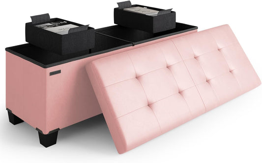 STORAGEBUD Storage Ottoman Bench with Bins, 43-in Storage Bench for Bedroom End of Bed, Folding Foot Rest Ottoman for Living Room Max 660lbs, Faux Leather Ottomans, Pink