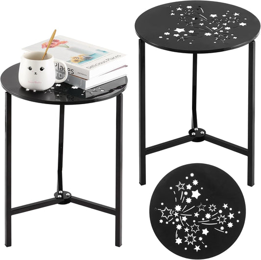 2 Packs 13" Metal Outdoor Side Tables Small Black Outside End Table for Patio Round Accent Corner Stand for Small Spaces Weather-Resistant Coffee Table for Balcony Porch Plant Stand, Starlight