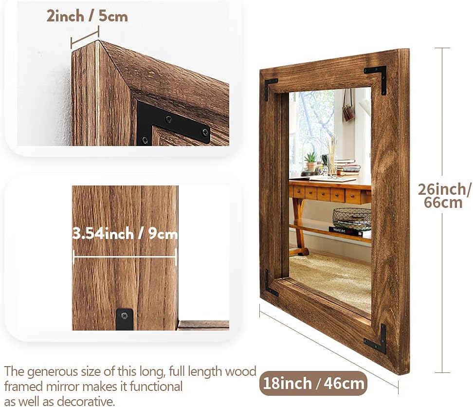 YOSHOOT Rustic Wooden Framed Wall Mirror, Natural Wood Bathroom Vanity Mirror for Farmhouse Decor, Vertical or Horizontal Hanging (26" x 18", Brown)