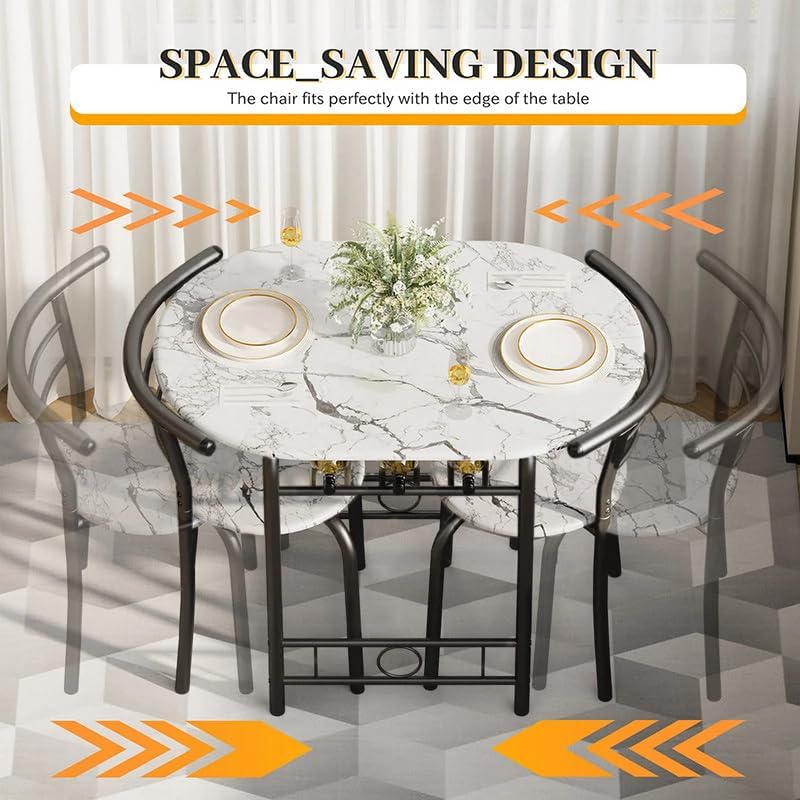 Shahoo 3-Piece Wooden Dining Table Set, Kitchen Breakfast Nook Sets with 2 Chairs & Round Tabletop, Space Saving Furniture Metal Frame and Built-in Wine Rack, Marble White & Black