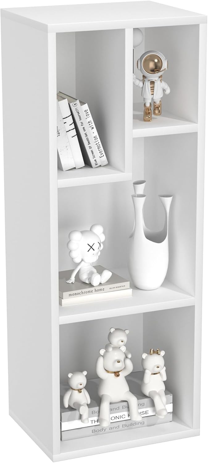 VECELO 3-Tier Small Bookcase, 4 Cube Bookshelf with Height Difference Shelves for Most Books, Modern Floor Standing Unit, Each Shelf Hold Up to 66 LBS for Living Room Bedroom, Pearl White
