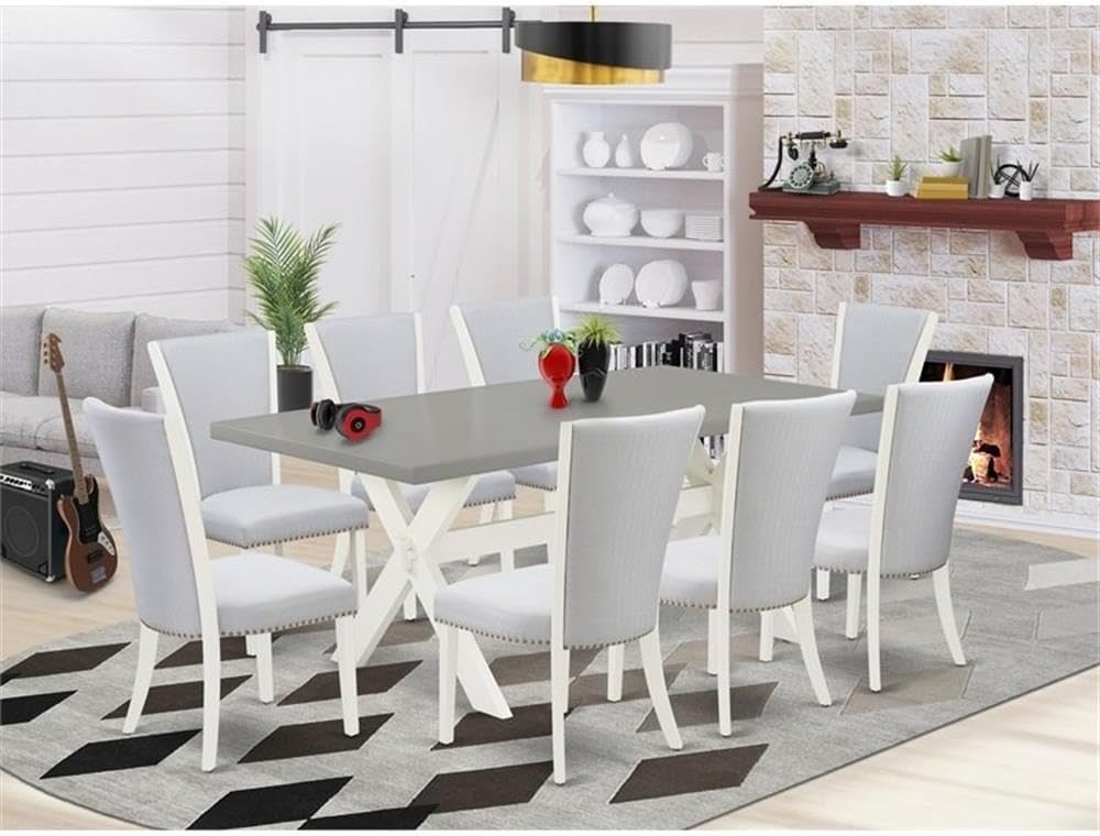 East West Furniture X097VE005-9 9 Piece Dining Table Set Includes a Rectangle Dining Room Table with X-Legs and 8 Grey Linen Fabric Upholstered Chairs, 40x72 Inch, Multi-Color