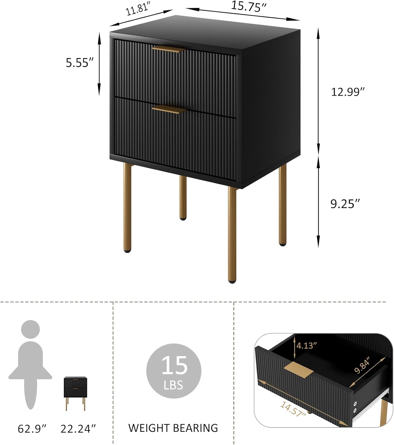 Nightstand,Morden Bedside Table with Gold Frame,Small White Night Stand,End Table,Bedside Furniture,Side Table with Drawer and Shelf for Bedroom,Living Room (2Drawers, Black)