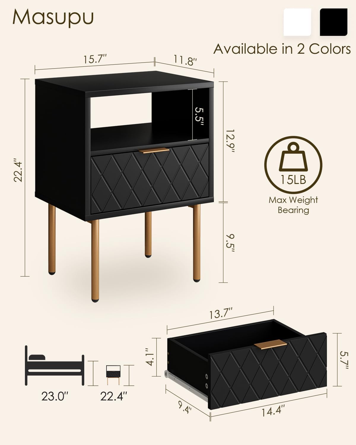 Nightstand,Morden Bedside Table with Gold Frame,Small White Night Stand,End Table,Bedside Furniture,Side Table with Drawer and Shelf for Bedroom,Living Room (1Drawer, Black-Square)