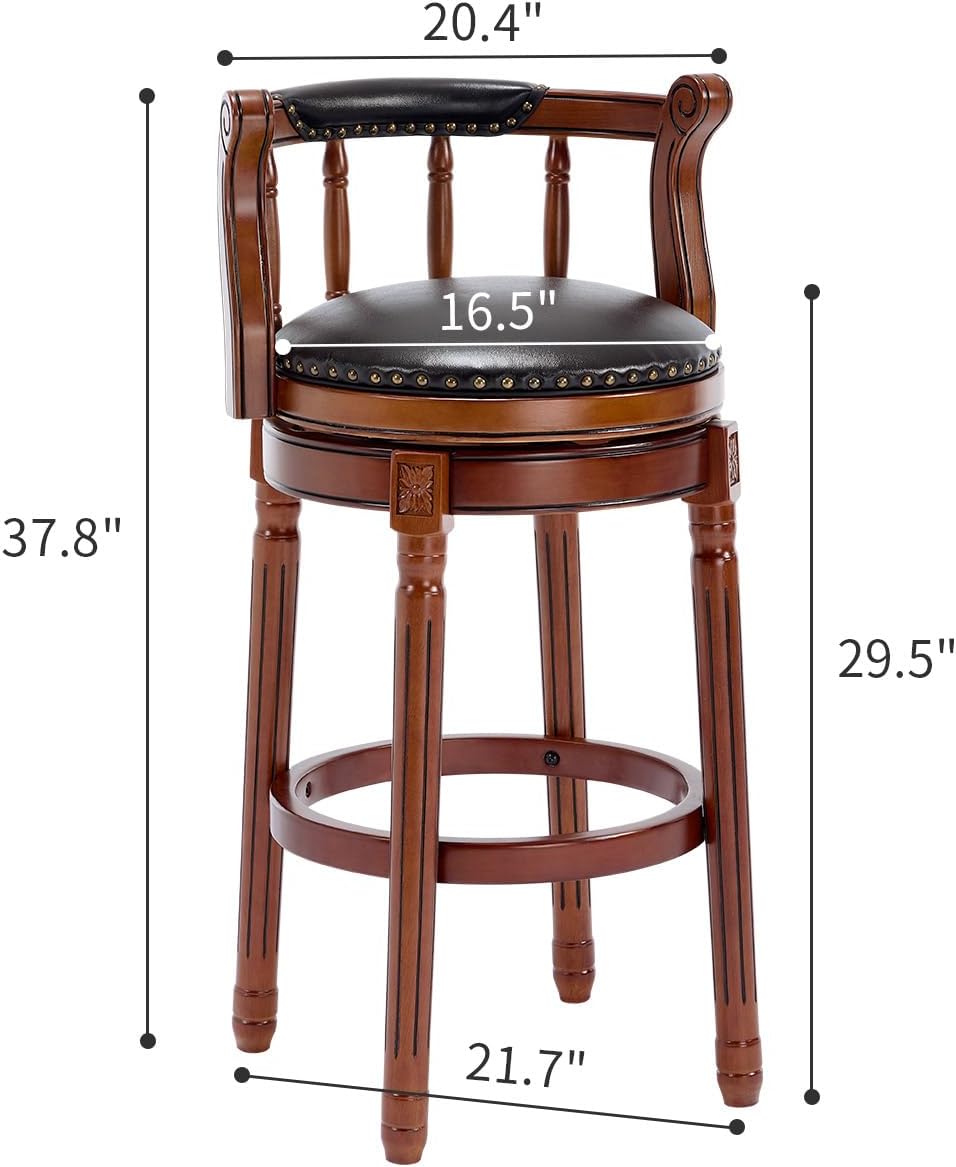Cow top Leather Wooden Bar Stools, 360 Degree Swivel Bar Height Chair with Backs for Home Kitchen Counter, Morden Chair Barstools (Black, Bar Height-Seat Height 29.5”)