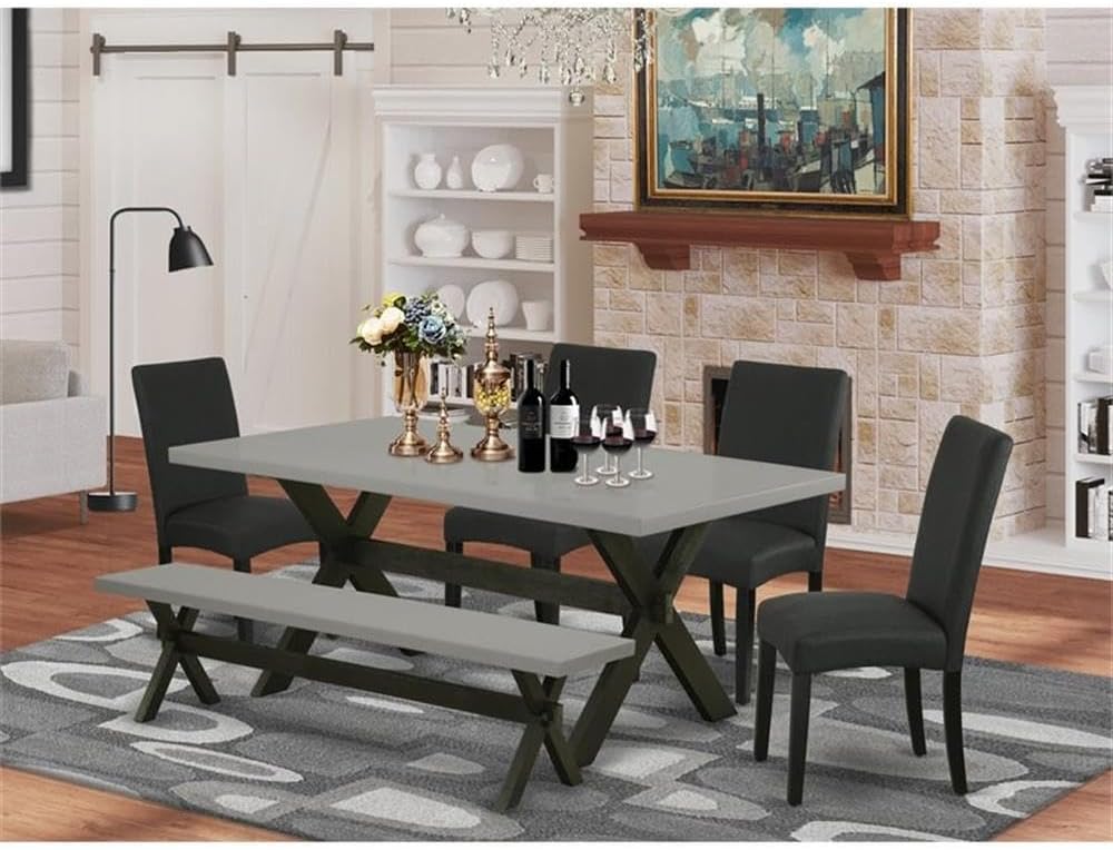 East West Furniture X697DR124-6 6 Piece Dining Set Contains a Rectangle Dining Room Table with X-Legs and 4 Black Color Linen Fabric Parson Chairs with a Bench, 40x72 Inch, Multi-Color
