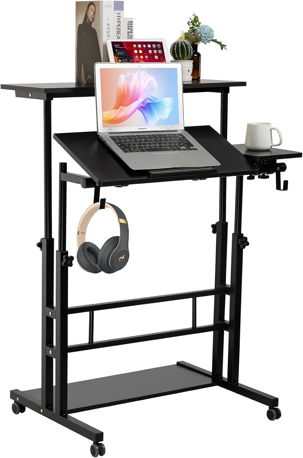 Hadulcet Mobile Standing Desk, Rolling Table Adjustable Computer Desk, Stand Up Laptop Desk Mobile Workstation for Home Office Classroom with Wheels, Black