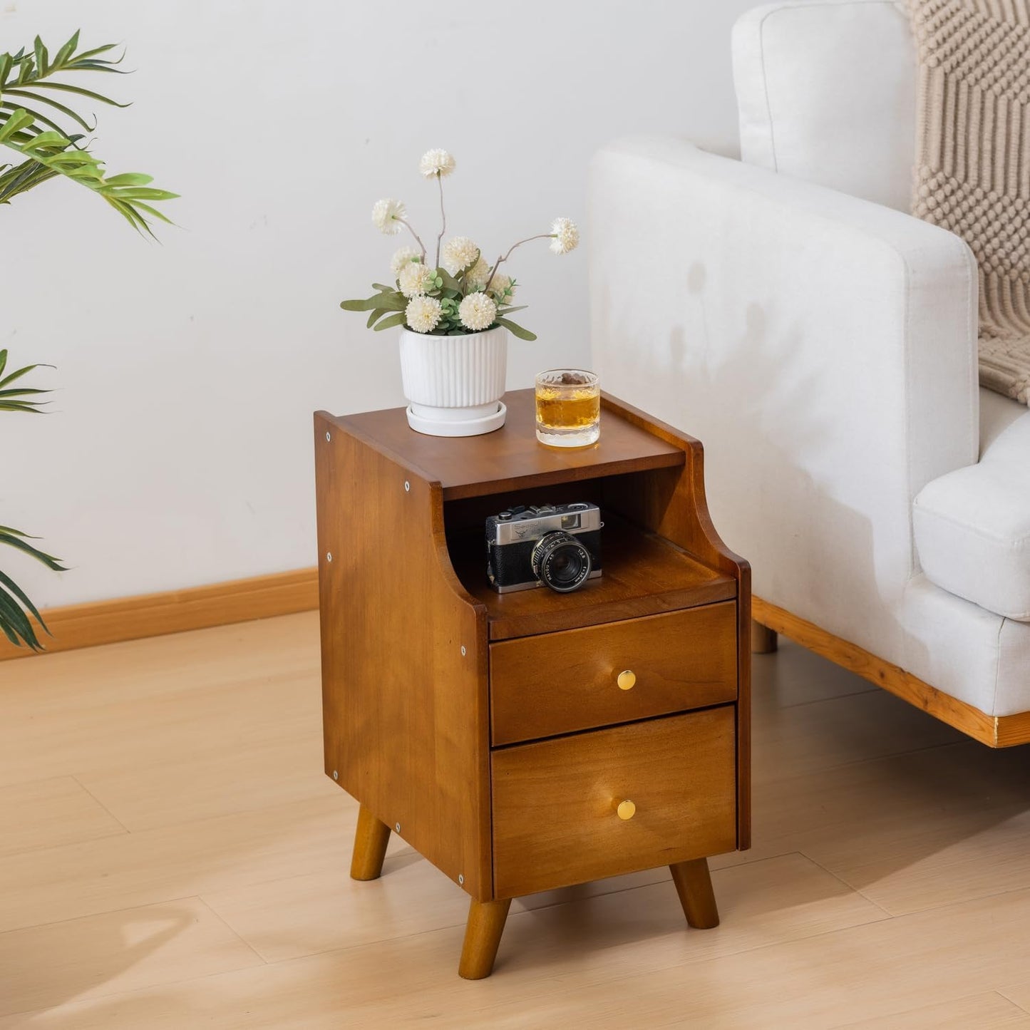 Small Nightstand, Narrow Nightstand, Solid Wood Night Stand, Narrow Side Table for Small Spaces, Couch, Walnut Color 11.81 in Wide