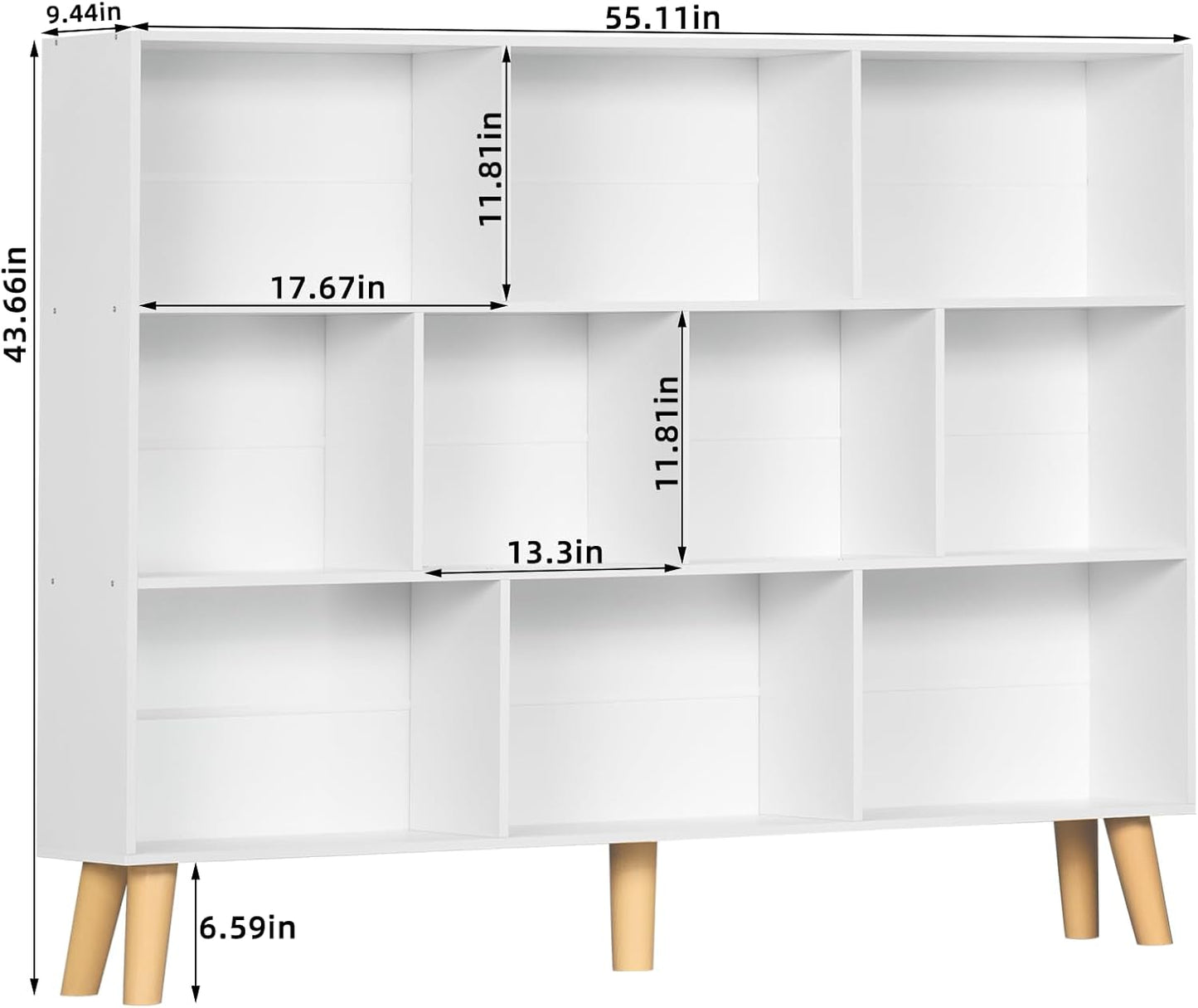 YAHARBO 10 Cube Large Bookshelf,3 Tier Bookcase with Legs,White Mid-Century Modern Bookshelves,Wide Free Standing Open Storage Organizer Shelf,Tall Wooden Book Case Furniture for Living Room,Office