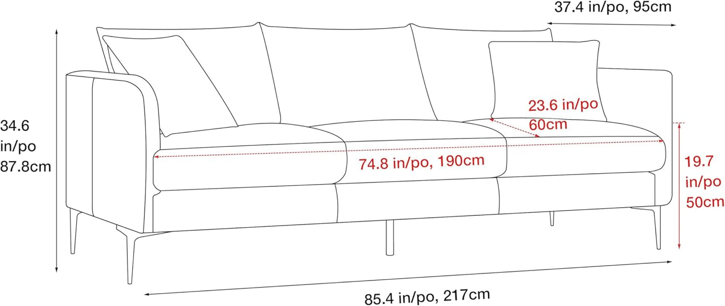 Valencia Jasper 85" Cognac Tan Brown 3 Seater Full Leather Couch | Mid Century Sofa with 2 Pillows for Living Room Furniture | Plush Cushions, Nappa Leather Lounge Couch