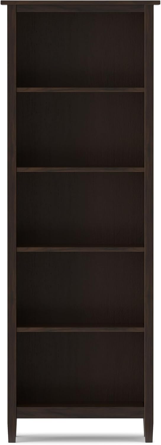 SIMPLIHOME Warm Shaker Bookcase - 72 inch Tall 5-Shelf Solid Wood Bookshelf in Tobacco Brown, Transitional Storage for Living Room, Study Room or Office with Adjustable Shelves and Tapered Legs