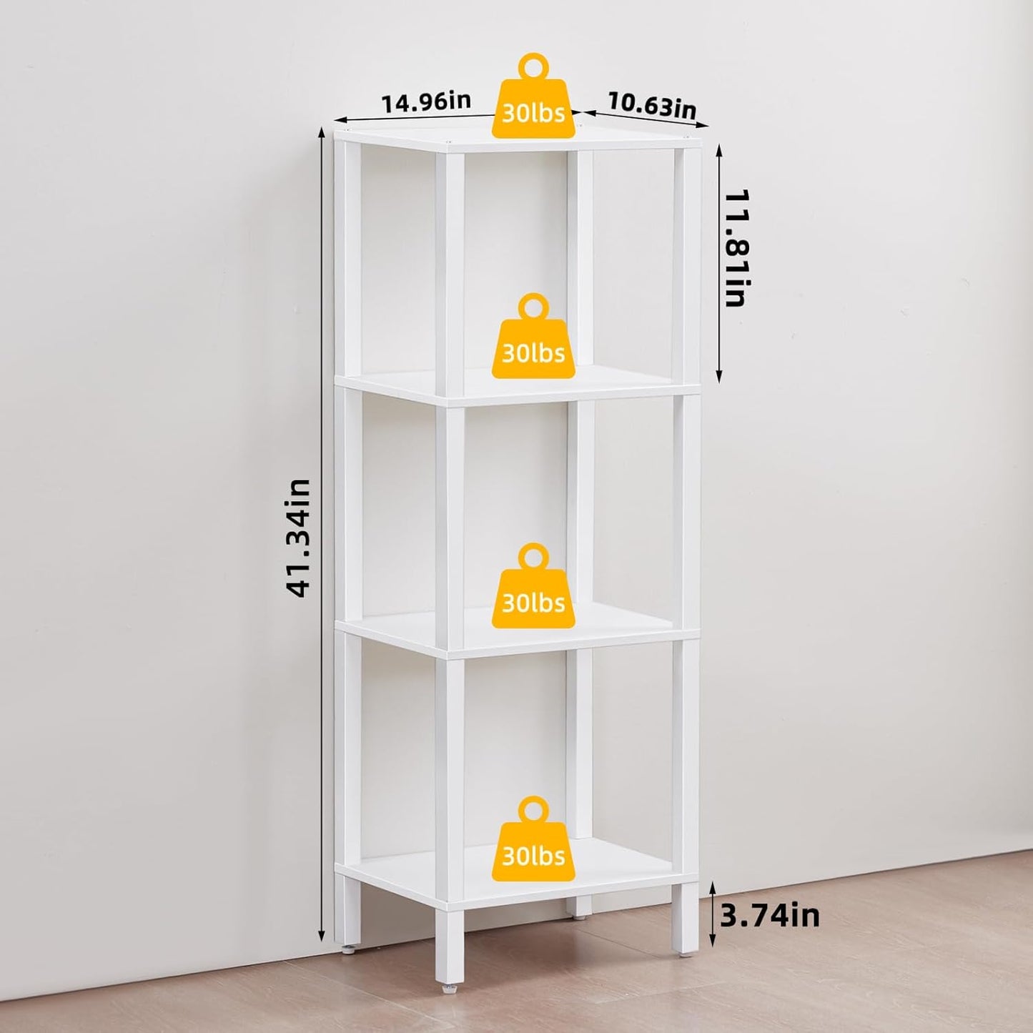 4 Tier Tall Wooden Bookshelf with Storage - Small White Bookcase for Small Spaces, Shelf for Living Room, Office, Bedroom, Kitchen - Industrial Modern Book Shelf