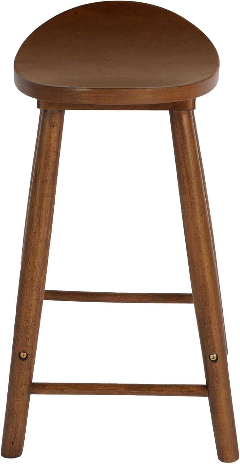 Nora 25" Counter Height Bar Stool, Backless Wooden Stool with Saddle Seat, Solid Rubber Wood Construction, Brown Finish, Ideal for Kitchen Island & Home Bar Seating