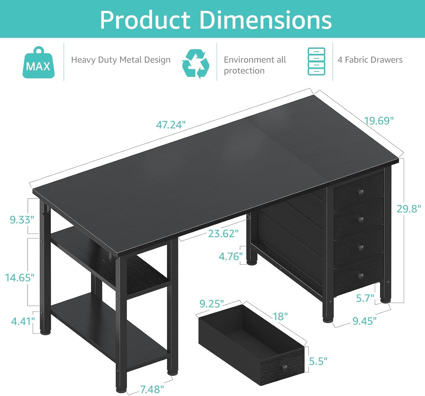 Lufeiya Gaming Desk with 4 Fabric Drawers & Storage Shelves, 47 inch Computer Writing Work Study Desk for Home Office Bedroom, Modern Simple Student PC Desks Table, Black