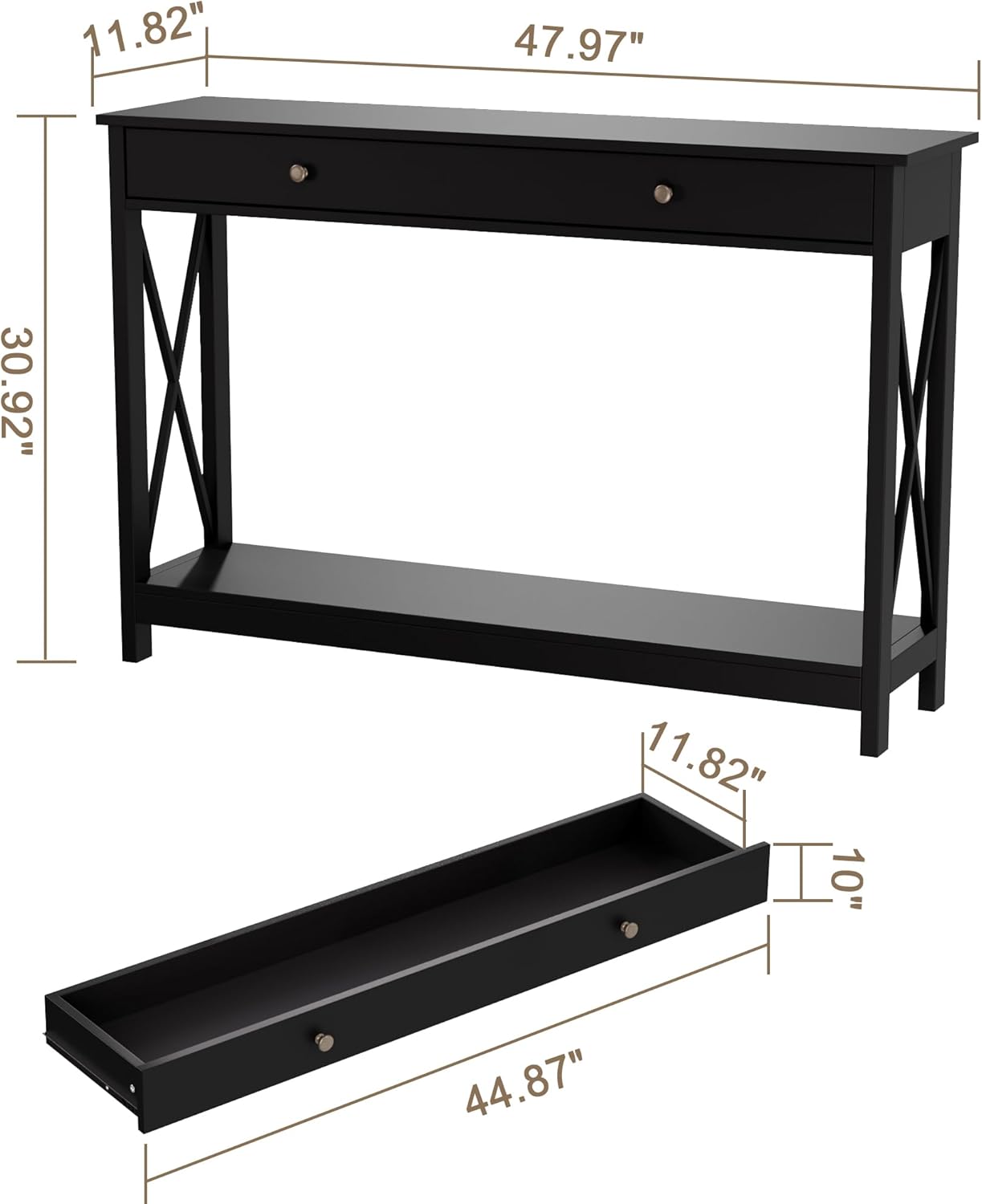 Treocho 47" Farmhouse Console Table with Drawer and Storage Shelves, Foyer Sofa Table Narrow for Entryway, Living Room, Hallway, Black