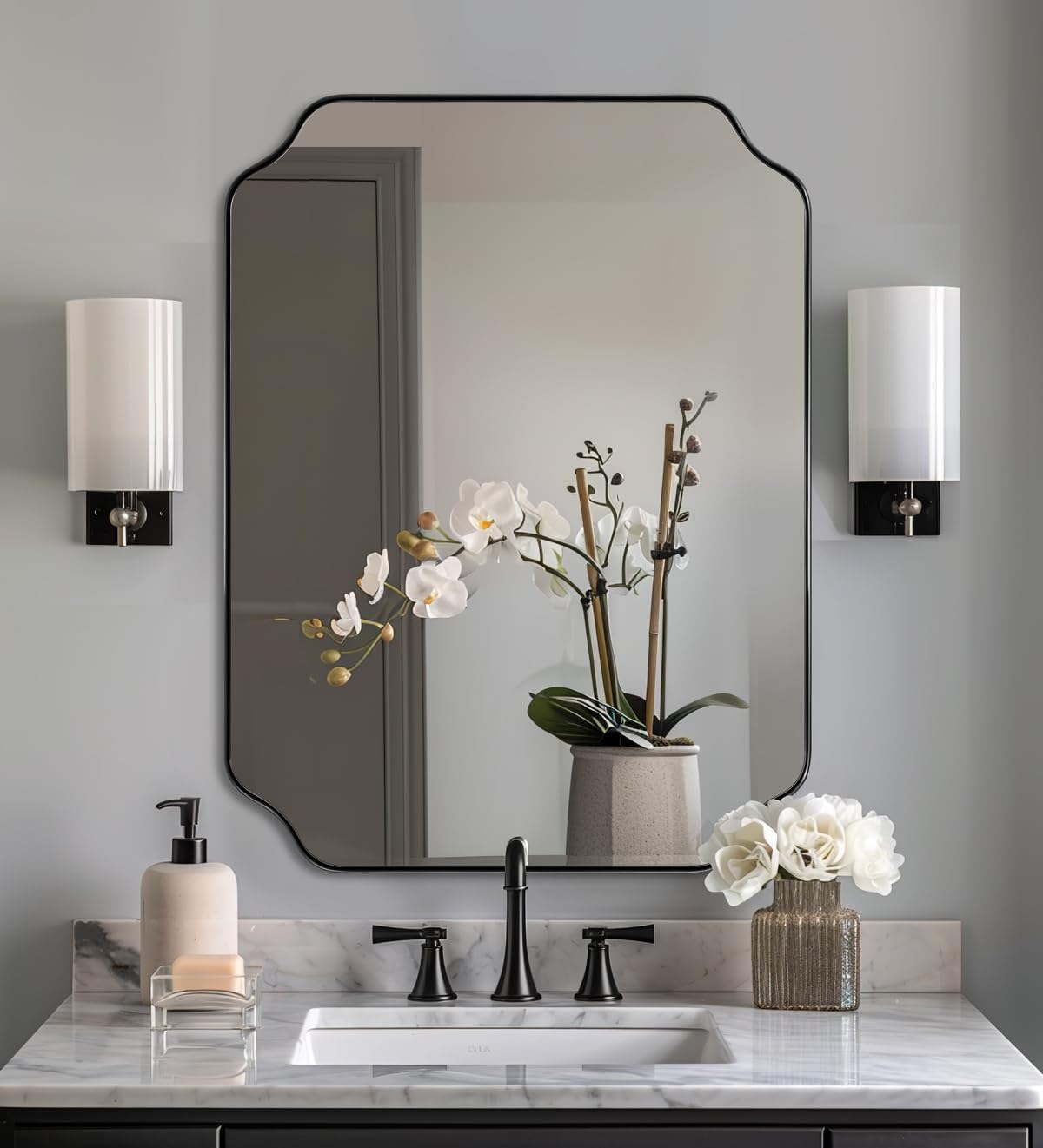 ANDY STAR Black Bathroom Mirror, 22x30 Inch Asymmetrical Mirror, Irregular Wall Mirror in Stainless Steel Metal Frame, Modern Scalloped Mirrors Ideal for Bathroom, Bedroom (Horizontal/Vertical)