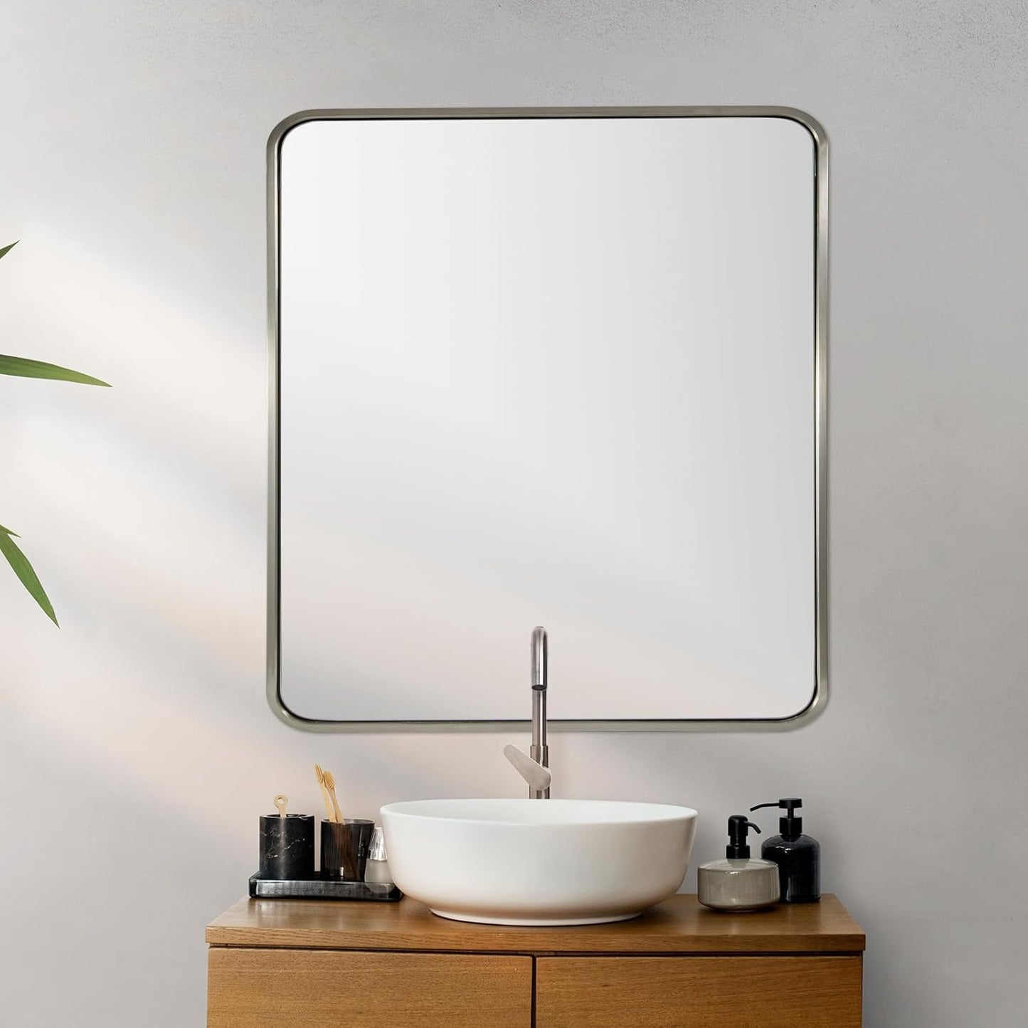 ANDY STAR 40x36 Inch Chrome Bathroom Mirror, Chrome Vanity Mirror for Wall, Rounded Rectangle Mirror, Anti-Rust SUS304, Seamless Tube Metal Frame, 1’’ Deep Wall Mounted Vertically/Horizontal