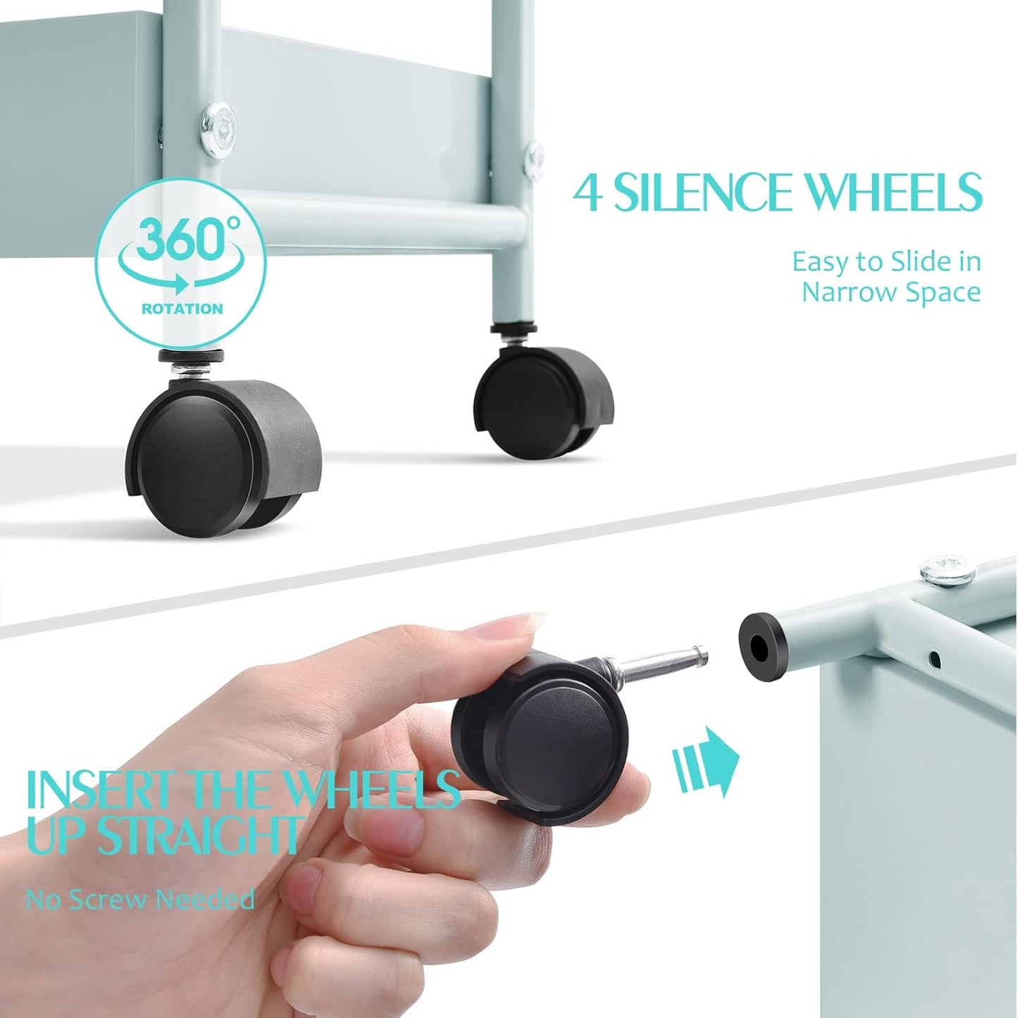 KINGRACK 3-Tier Rolling Utility Cart with Wheels, Metal Slim Storage Cart, Multifunctional Storage Organizer, Rolling Storage Cart for Kitchen, Office, Bathroom, Narrow Place, Mint Green