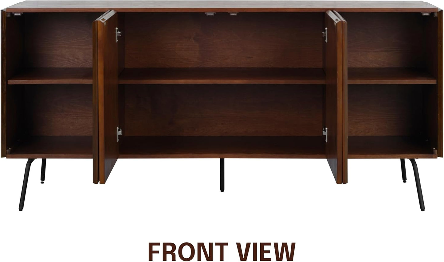 NTC Veil Modern Sideboard with 4 Doors, Buffet Cabinet with Vertical Groove Design and Metal Legs, Storage Cabinet for Living Room, and Hallway, Effortless Assembly - Dark Walnut