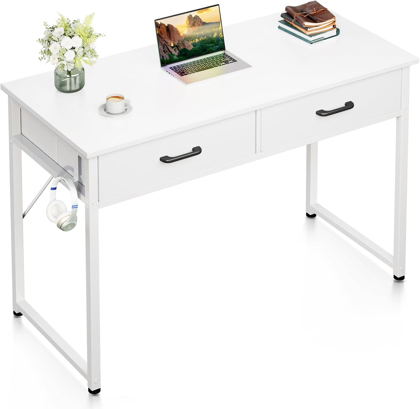 Casaottima 40 Inch Small Office Computer Desk with 2 Drawers & Headphone Hook - Compact Writing Desk for Home Office, Study or Work, Modern Space-Saving Design for Small Spaces, White