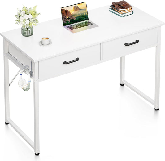 Casaottima 40 Inch Small Office Computer Desk with 2 Drawers & Headphone Hook - Compact Writing Desk for Home Office, Study or Work, Modern Space-Saving Design for Small Spaces, White