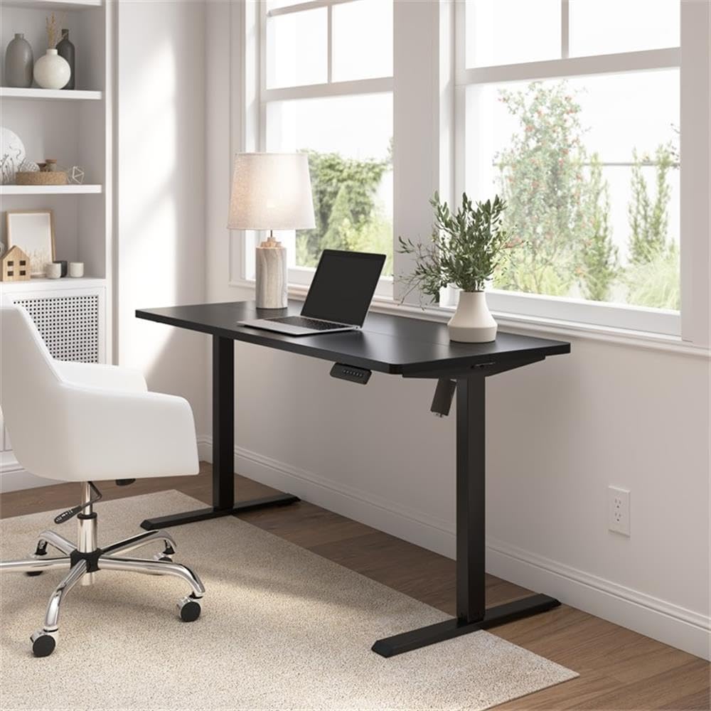 Bush Furniture Energize 55W x 24D Electric Height Adjustable Standing Desk in Basic Black, Ergonomic Sit-Stand Computer Table for Home Office