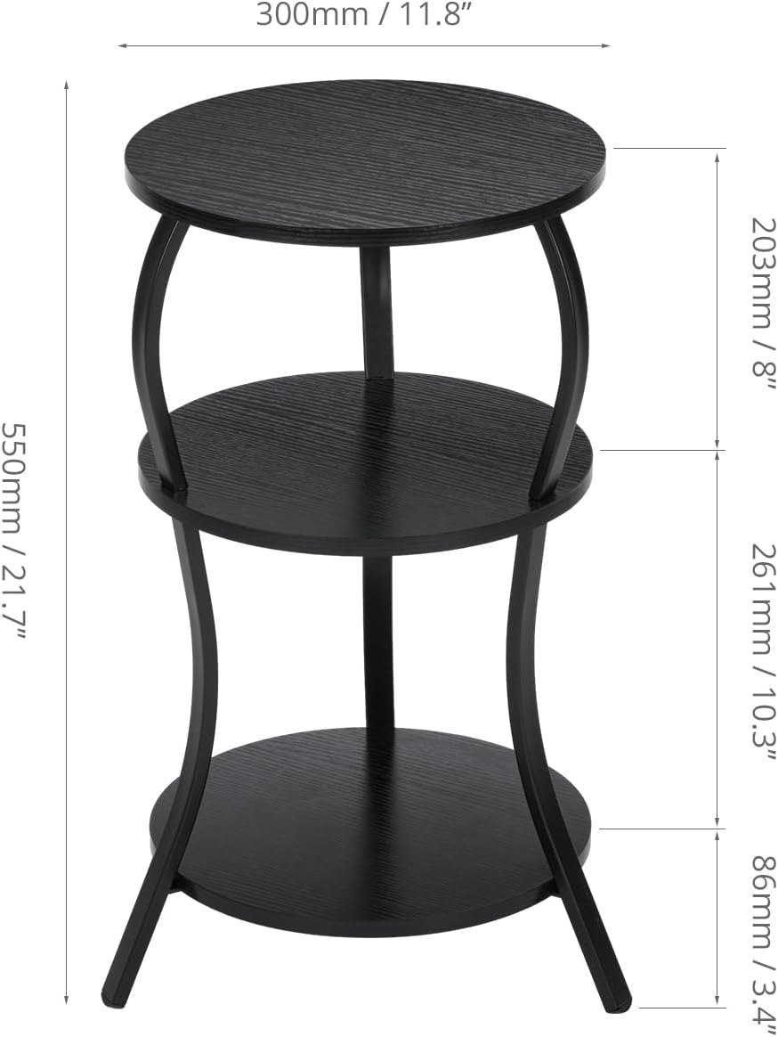 Vintage Small Round Side Table, 3-Tier Slim Waist Circular End Table with Storage Shelf, Compact Tea Sofa Side Table, Round Corner Coffee Table Nightstand for Living Room Bedroom Small Spaces,Black