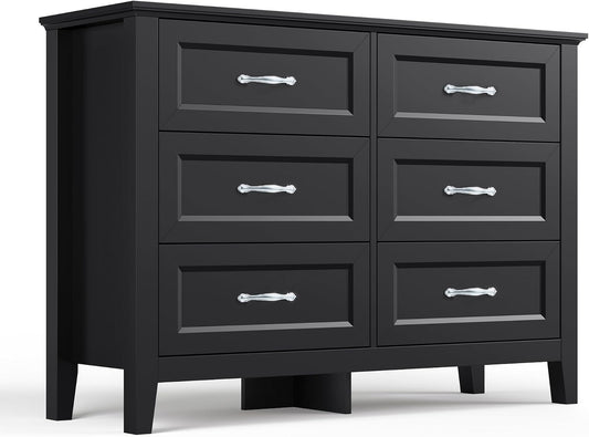 LINSY HOME 6 Drawers Dresser for Bedroom, 47" Wide Wooden Storage Chest with Antique Handles, Modern Farmhouse Dresser TV Stand with Wood Legs for Closet, Living Room, Hallway, Black