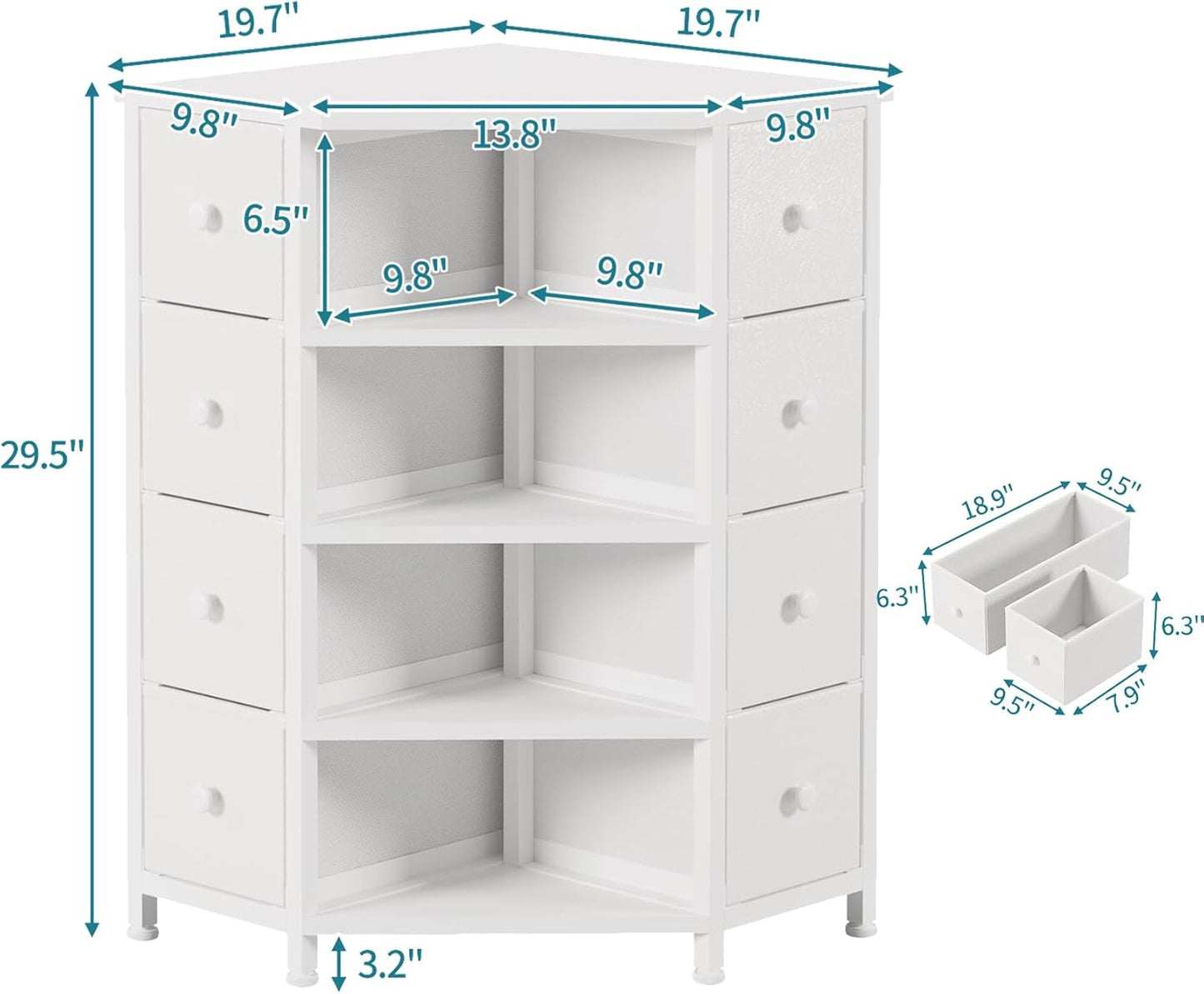 LUMTOK 8 Drawers Corner Dresser with Storage Fabric Drawers and Open Shelves for Small Space，Bedroom，Entryway，Living Room (White)