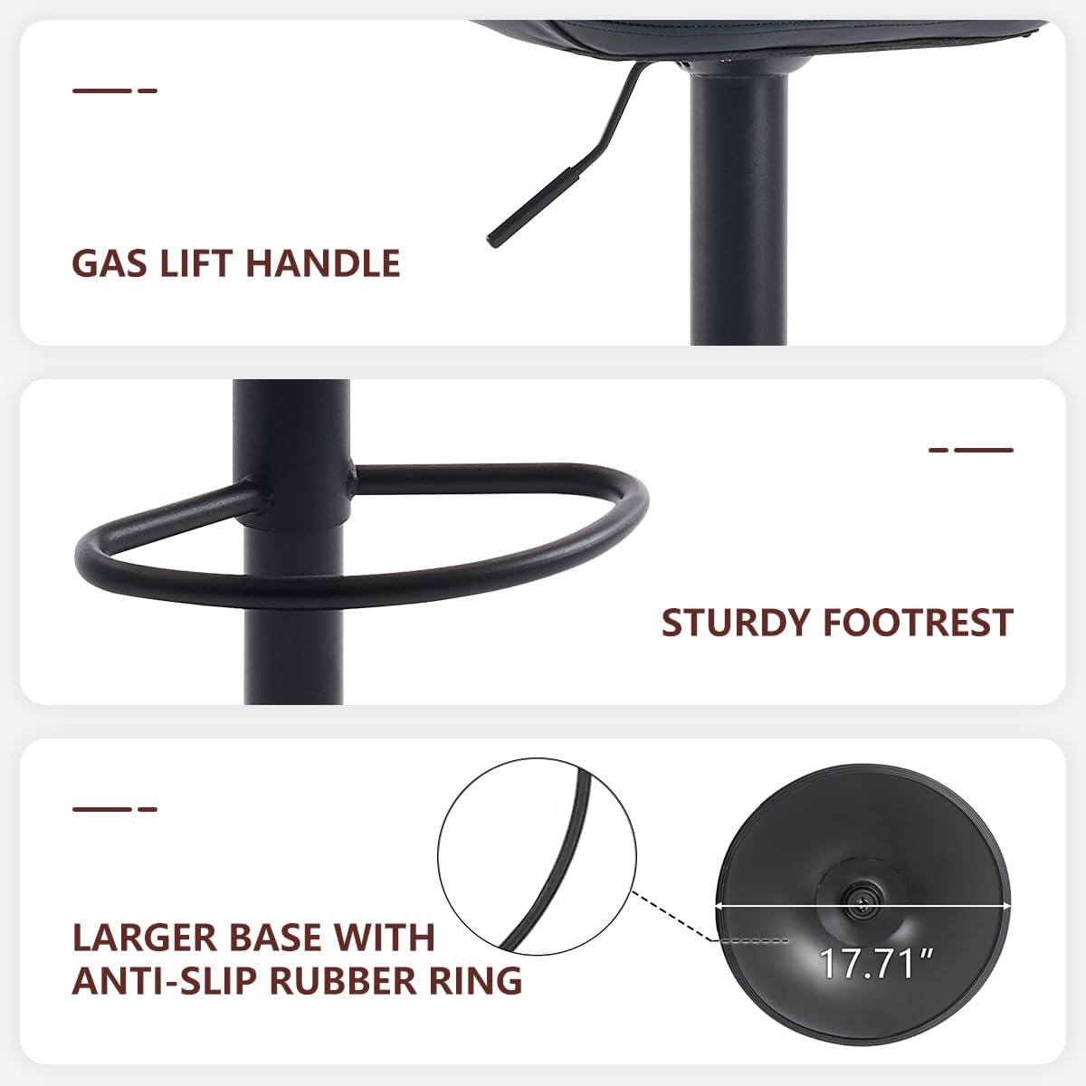 Kidol & Shellder Bar Stools Set of 2 Adjustable Swivel Black, PU Leather Upholstered with Back, Modern Counter Height Stools for Kitchen Island, Home Bar