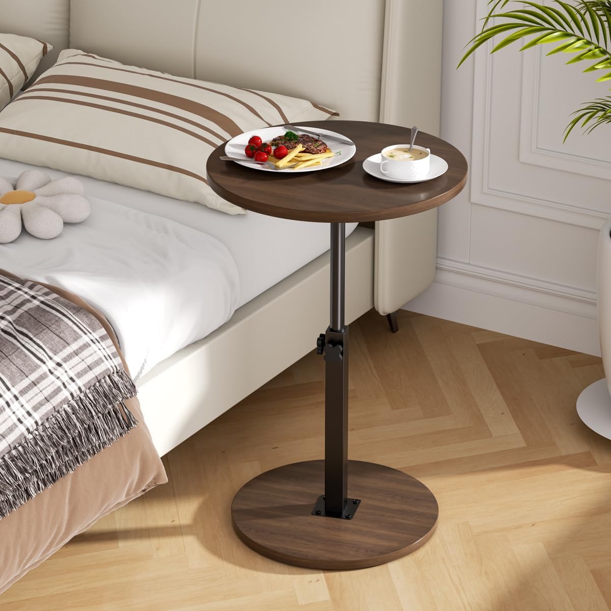 Adjustable Side Table, Round End Table, Small Bedside Table, Mid Century Modern Nightstand for Living Room, Bedroom, Corners and Office (Walnut)