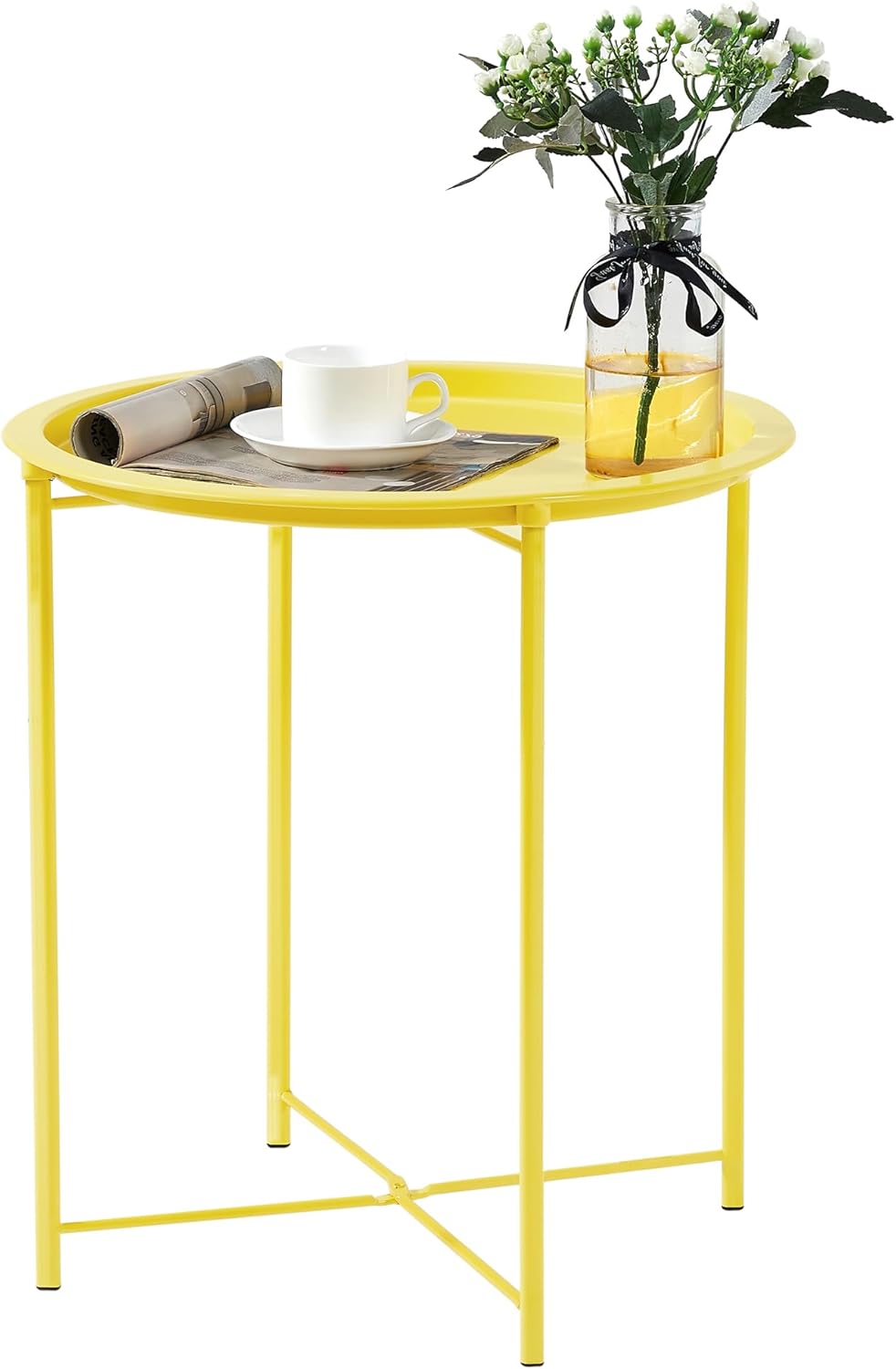VECELO Side/End Table, Folding Round Metal Anti-Rust and Waterproof Outdoor or Indoor Tray for Living Room Bedroom Balcony and Office, 1 PCS,Yellow