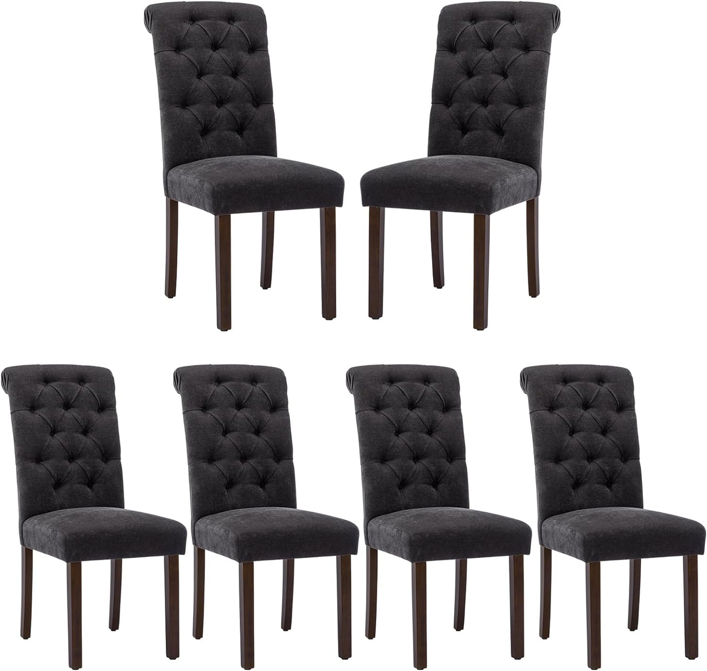 COLAMY Button Tufted Dining Chairs Set of 6, Parsons Upholstered Fabric Dining Room Chairs Kitchen Chairs with Wood Legs and Padded Seat, Black