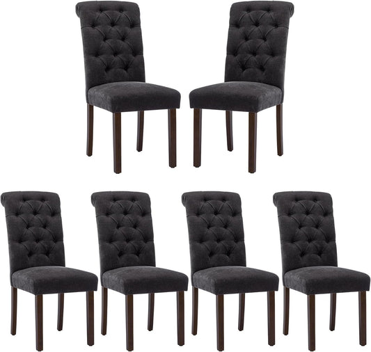 COLAMY Button Tufted Dining Chairs Set of 6, Parsons Upholstered Fabric Dining Room Chairs Kitchen Chairs with Wood Legs and Padded Seat, Black