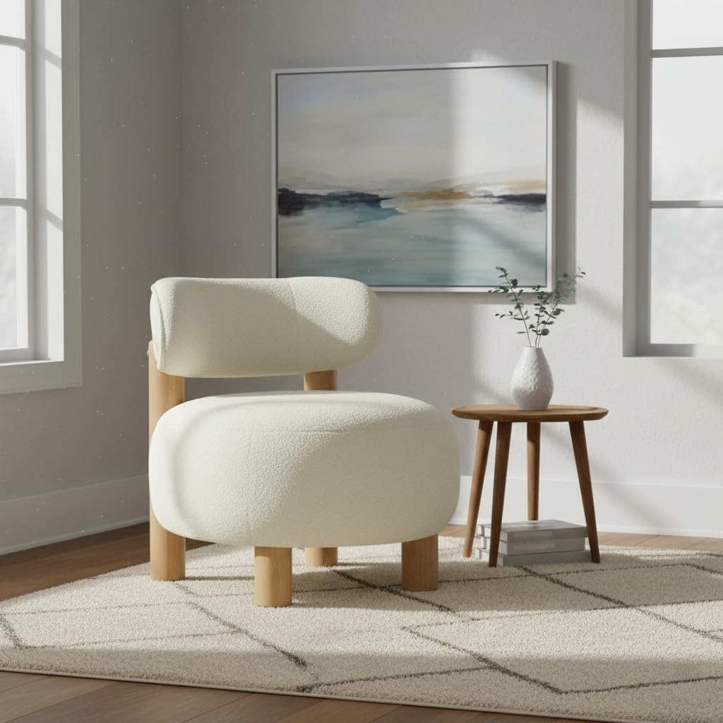 Modern Boucle Accent Chair, with Plush Faux Sherpa Upholstery, Curved Backrest, Solid Wood Legs for Living Room Bedroom Reading Nook, 27.5", White