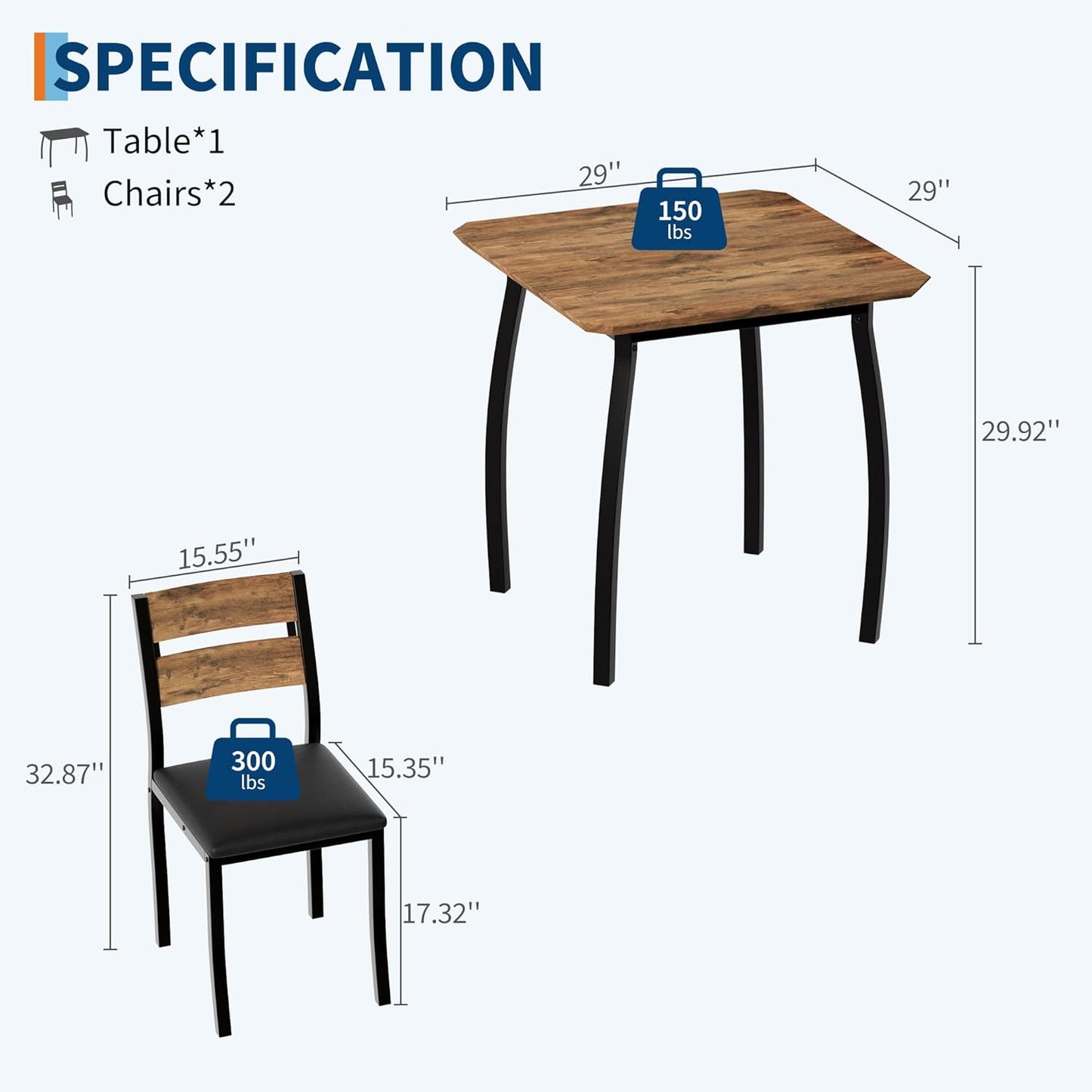 Small Dining Table Set for 2,3-Piece Kitchen Table Set with Thick Wood Grain Tabletop & 2 Upholstered Chairs & Metal Frame, Compact Table Set for Small Spaces, Kitchens & Dining Rooms (Brown)