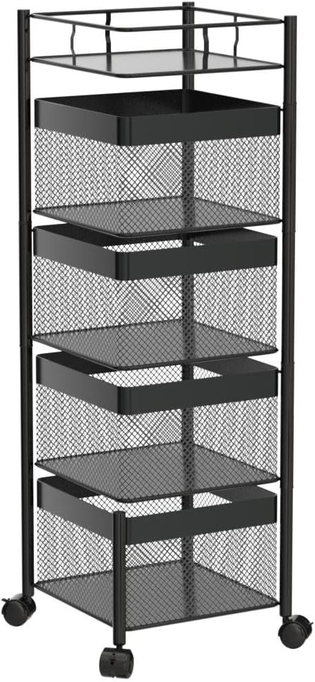 Rotating Kitchen Storage Rack，Bathroom Shelf，Kitchen Organization and Storage，Bathroom Storage Organizer，Fruit Basket，Rolling Carts with Wheels(Black, 4 Tier-Square)