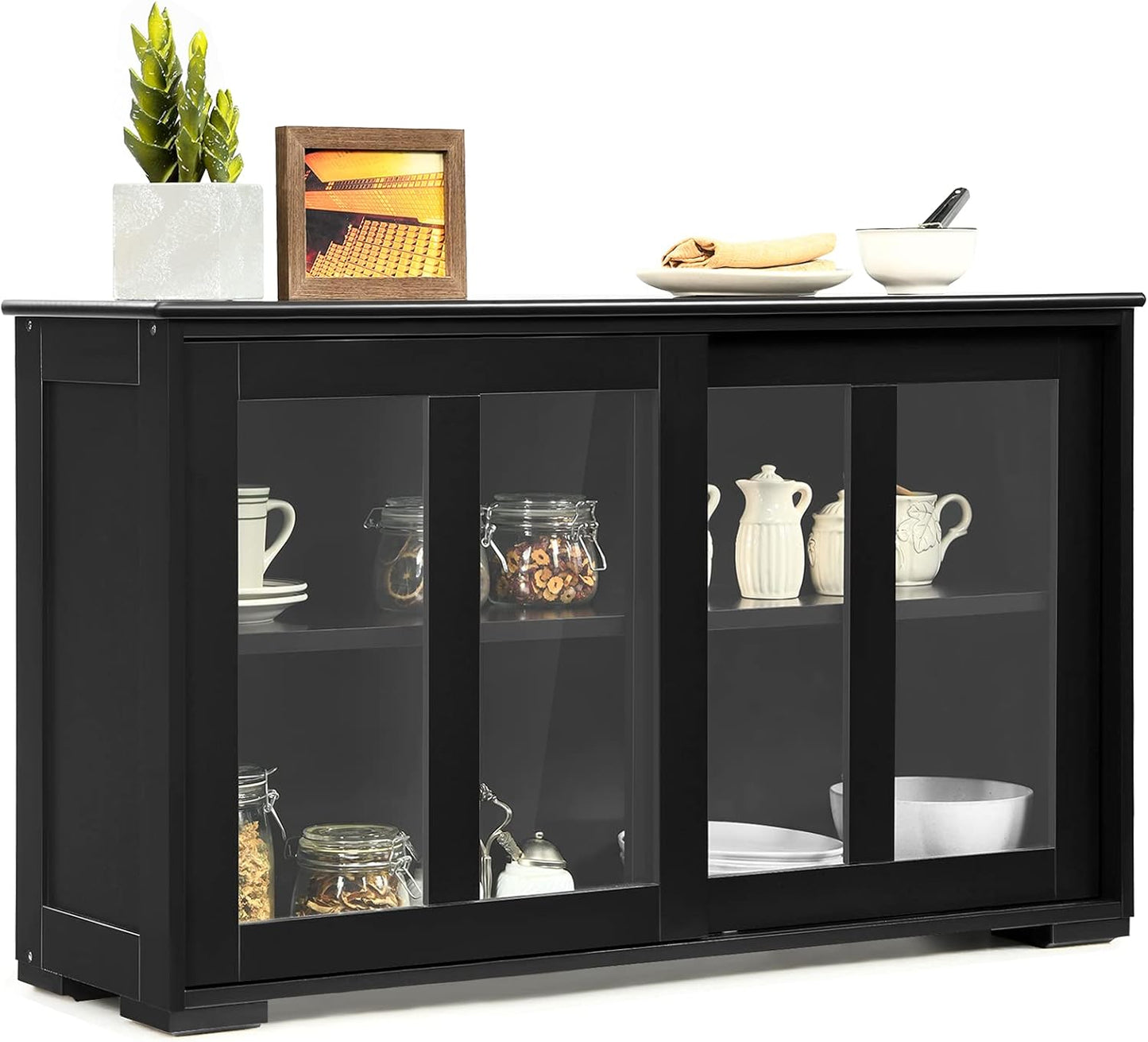 Costzon Sideboard Buffet Cabinet, Wooden Kitchen Storage Cabinet with Adjustable Shelf, Sliding Glass Doors, Accent Coffee Bar Cabinet Console Table for Living Room, Dining Room, Hallway (Black)