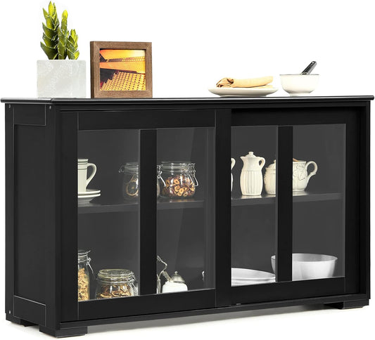 Costzon Sideboard Buffet Cabinet, Wooden Kitchen Storage Cabinet with Adjustable Shelf, Sliding Glass Doors, Accent Coffee Bar Cabinet Console Table for Living Room, Dining Room, Hallway (Black)