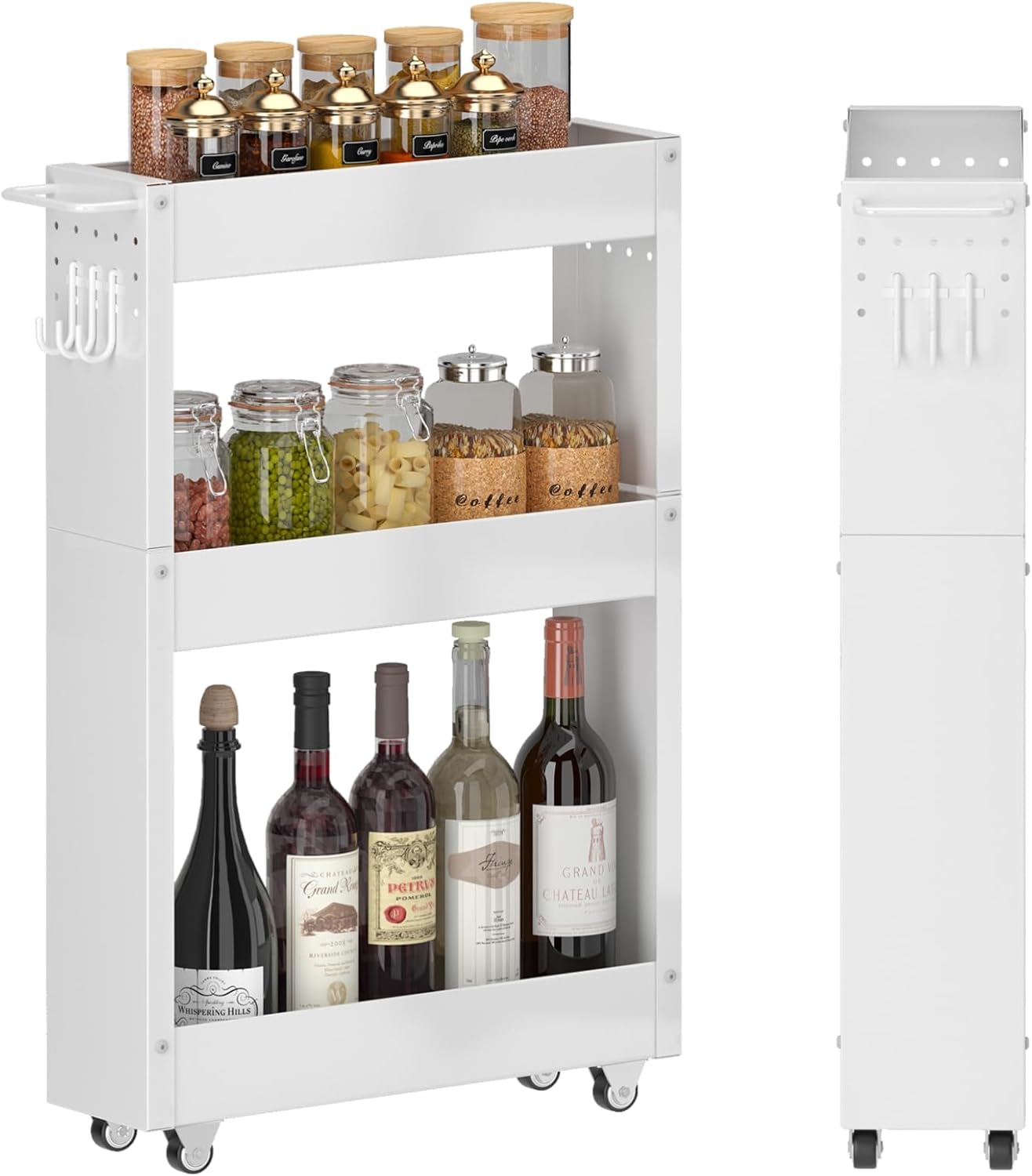 Slim Storage Cart, 5 in Width, 3-Tier White Rolling Cart with Handle for Kitchen Bathroom Laundry Narrow Places