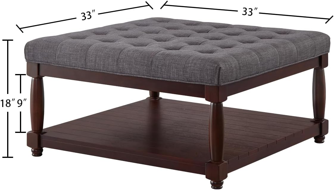 24KF Upholstered Square Coffee Table with Wooden Shelf, Tufted Button Large Square Ottoman with Spindle Wooden Legs, Linen Large Footrest Ottoman Pouf for Living Room, Dark Gray