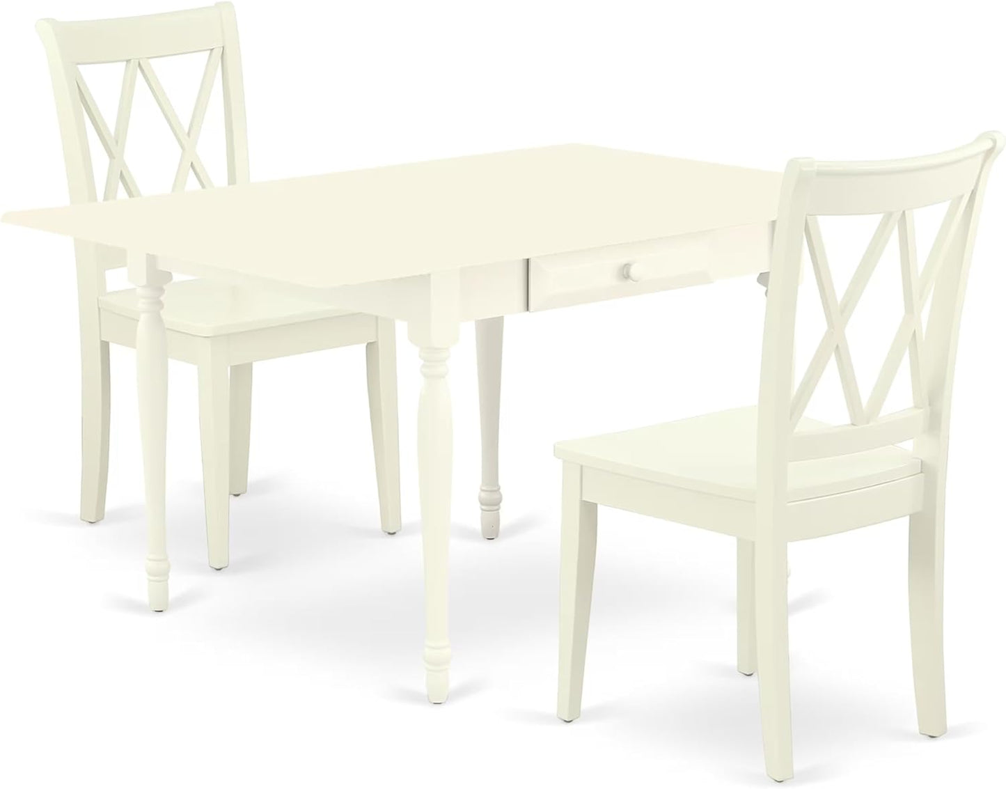 East West Furniture MZCL3-LWH-W 3 Piece Dinette Set for Small Spaces Contains a Rectangle Dining Table with Dropleaf and 2 Dining Chairs, 36x54 Inch, Linen White