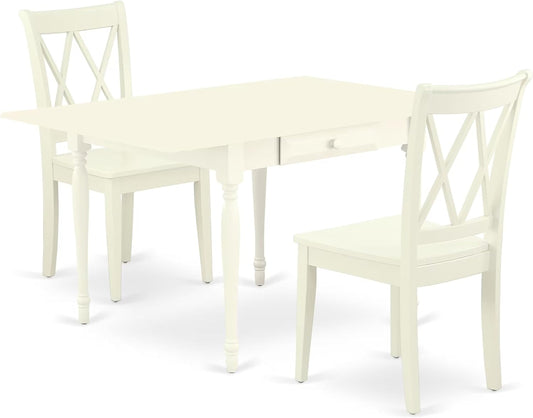 East West Furniture MZCL3-LWH-W 3 Piece Dinette Set for Small Spaces Contains a Rectangle Dining Table with Dropleaf and 2 Dining Chairs, 36x54 Inch, Linen White