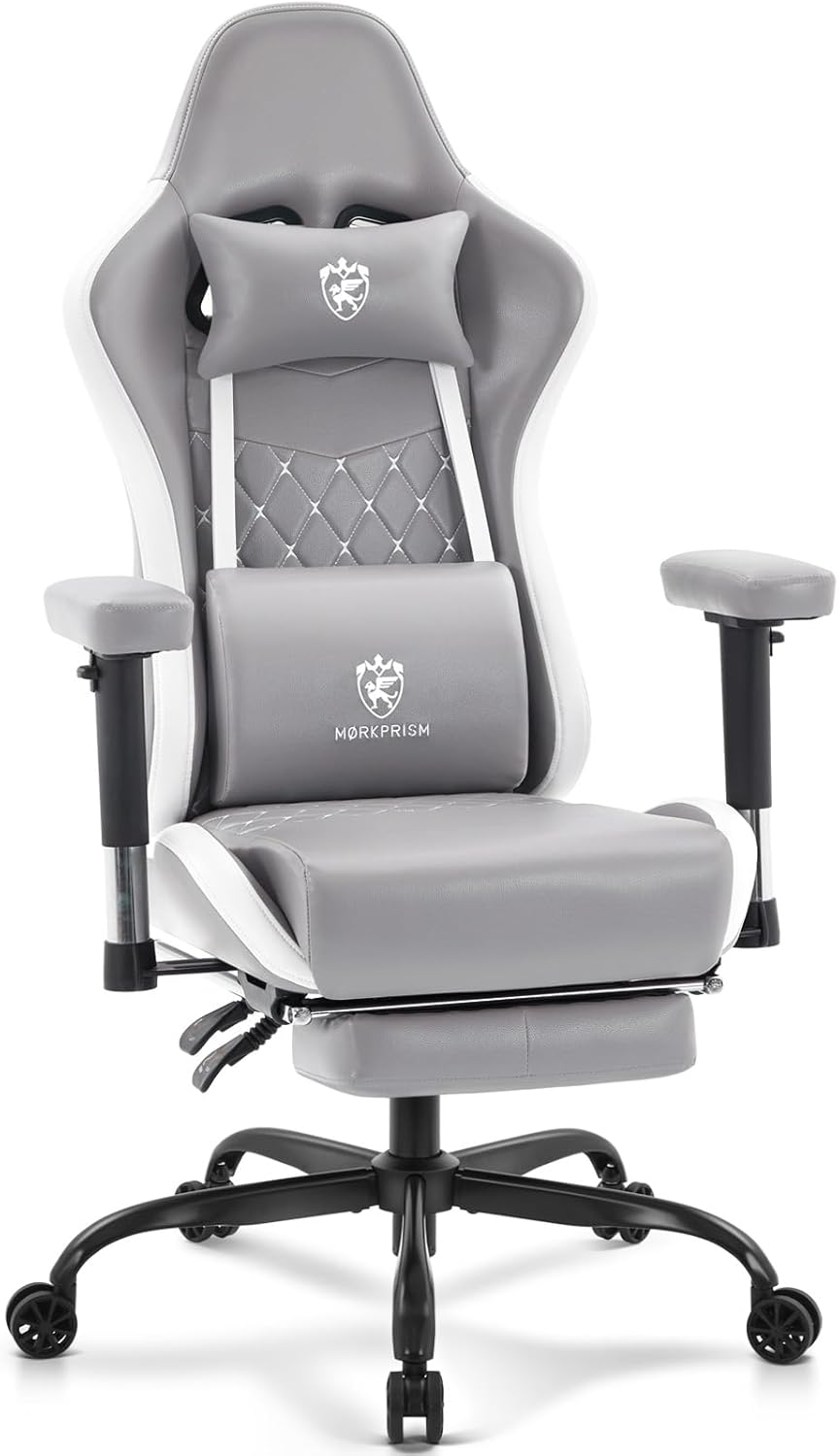 Gaming Chair,Computer Office Chair with Footrest,Massage Lumbar Support and Gel Pad,Ergonomic Reclining Leather Gamer Chair with Headrest,Adjustable Armrests and Spring Cushion Grey White
