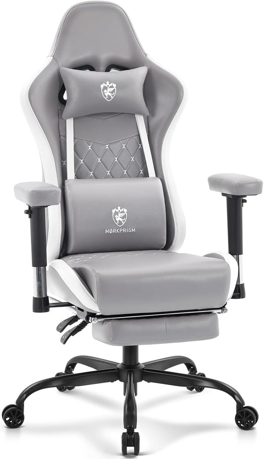 Gaming Chair,Computer Office Chair with Footrest,Massage Lumbar Support and Gel Pad,Ergonomic Reclining Leather Gamer Chair with Headrest,Adjustable Armrests and Spring Cushion Grey White
