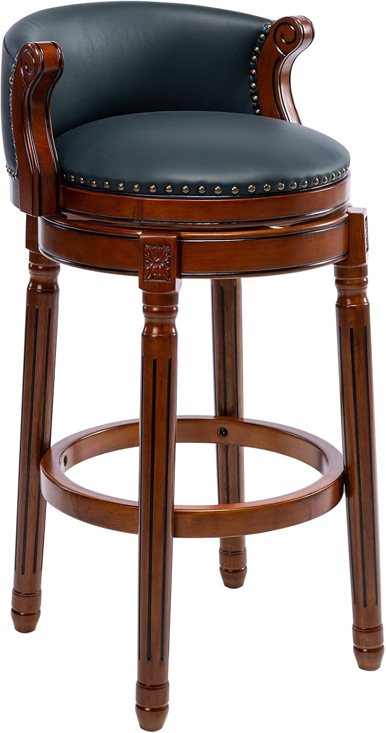 Cow top Leather Wooden Bar Stools, 29.5" Bar Height Bar Chair with Back, 180 Degrees Swivel Barstools Chair for Home Kitchen Counter,Dining Room, Restaurant,Study and Pub,1pc (Dark Blue)