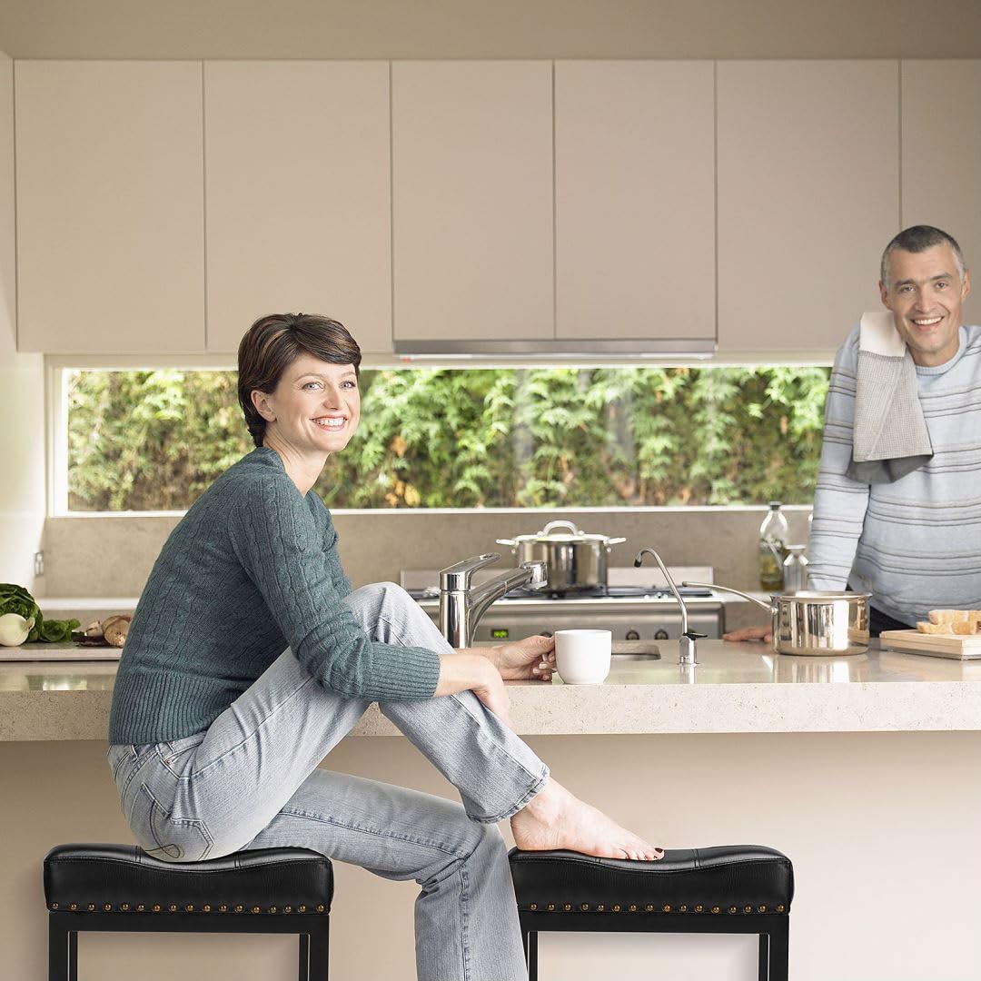 Counter Stools Set of 2 Upholstered Counter Height Bar Stools with Padded Seats and Metal Base, Leather Saddle Stool for Modern Kitchen Island, 22.4-Inch, Black